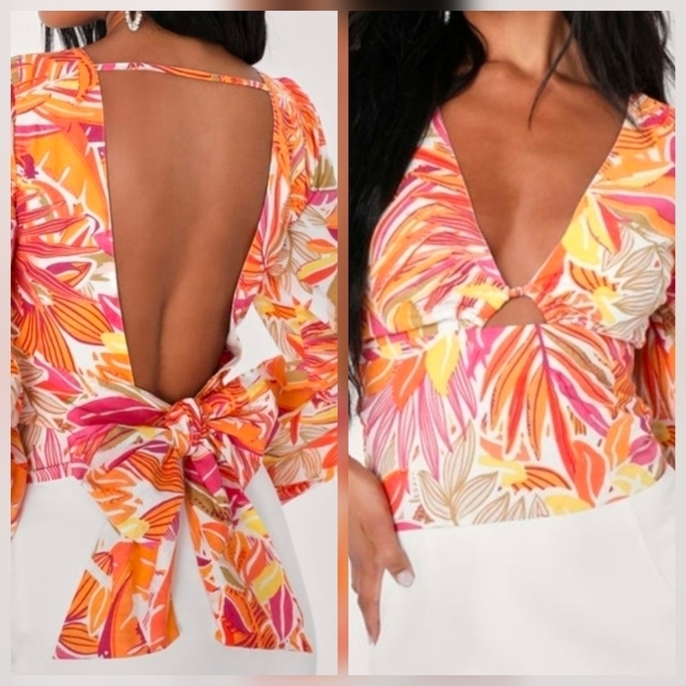 Lulus Made for the Islands Orange Floral Balloon Sleeve Tie-Back Top XS